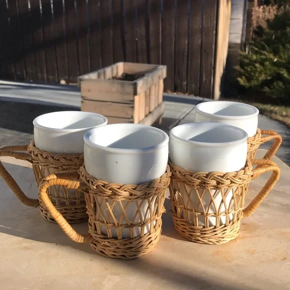 Vintage wicker mug set of 4 boho chic ceramic mug in wicker with handles - Picture 1 of 5